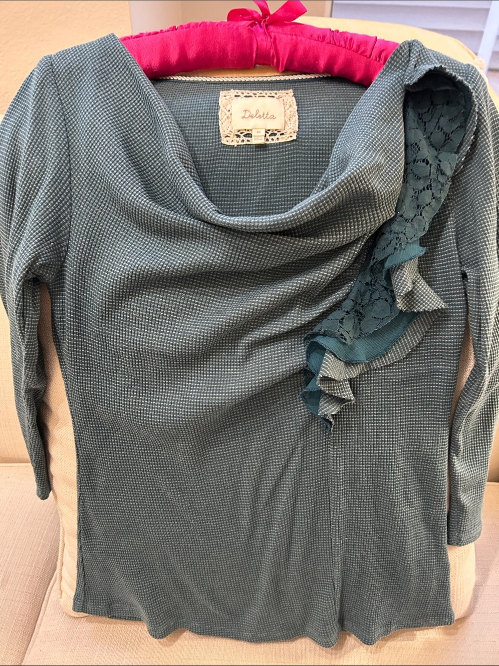 Deletta Teal Lace-Trim Cowl Neck Sweater